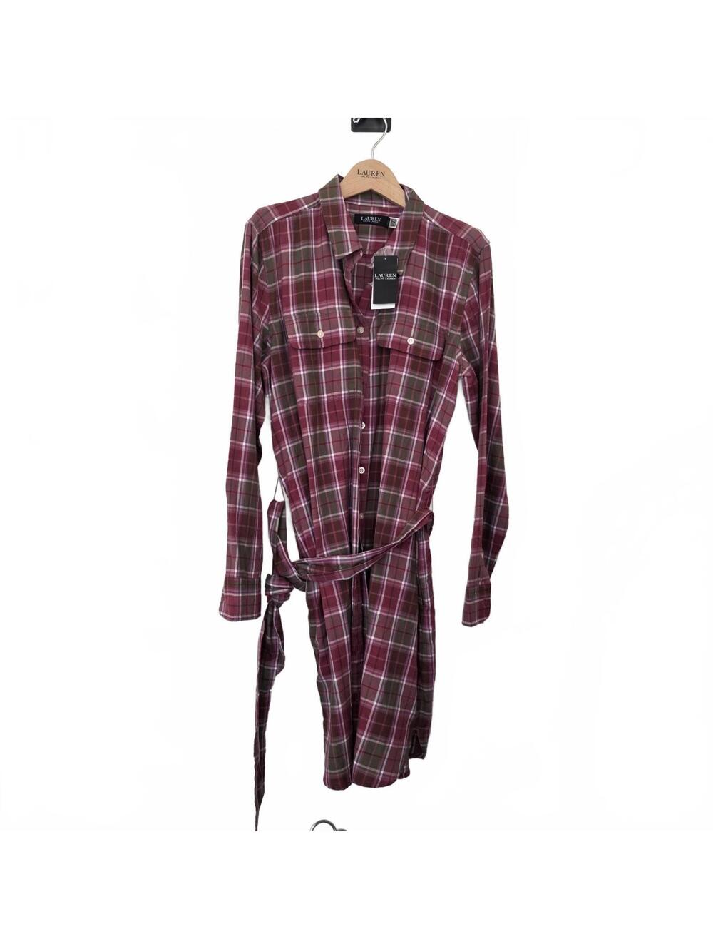 Lauren Ralph Lauren Burgundy Women's Checked Plaid Belted Shirtdress Size: 10 - Picture 2 of 7